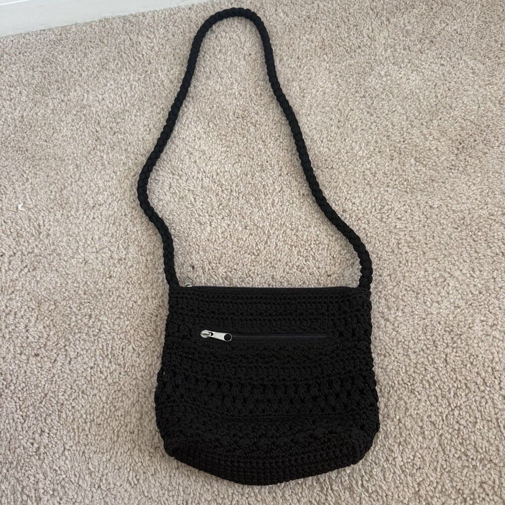 Lina Black Woven Crochet Crossbody Bag Purse Minimalist Festival Classic